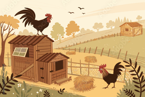 Create a vibrant vector background featuring a bold, stylized chicken coop amidst a lively chicken farm scene.  Include detailed chickens and lush greenery.