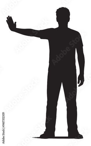 Isolated silhouette of man gesturing stop with hand, black and white stop sign, warning silhouette figure