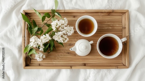 A bamboo tray with two cups of tea, a teapot, and white flowers on a white fabric background.