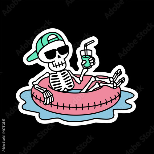 Skeleton Relaxing on Pool Float with Drink