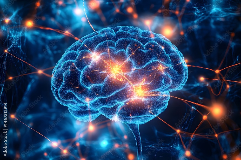 Conceptual illustration of a human brain displaying neural activity and connections for science Conceptual illustration of a human brain displaying neural activity and connections for science