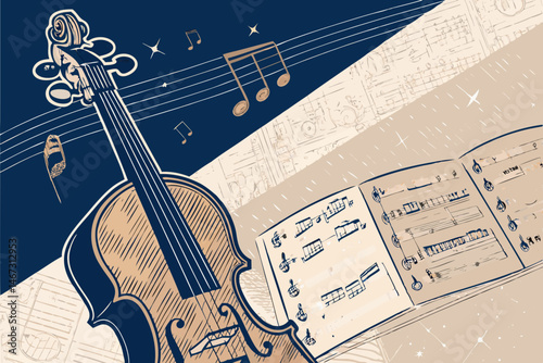 Create a vector illustration of a cello and musical score, evocative of classical music, emphasizing elegant design and detailed sheet music.