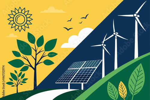 Create a vibrant vector background promoting clean energy, featuring bold yellow accents and dynamic design elements.  Suitable for promotional materials.