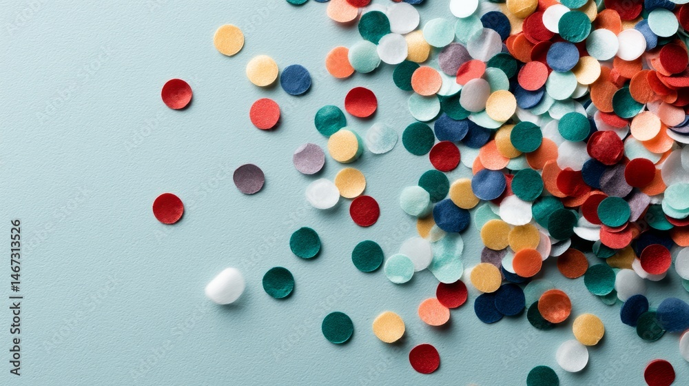 Fototapeta premium Brightly colored confetti dots in various shades are scattered across a soft teal background, providing a playful design with unobtrusive copy space on the right