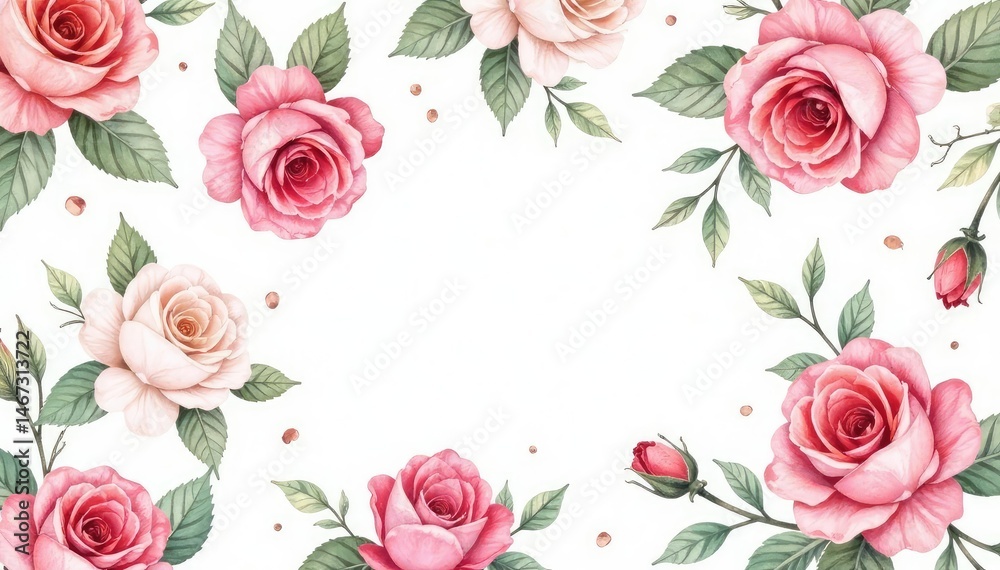 Naklejka premium Delicate watercolor roses & leaves, repeating pattern, seamless pattern, nature, fabric