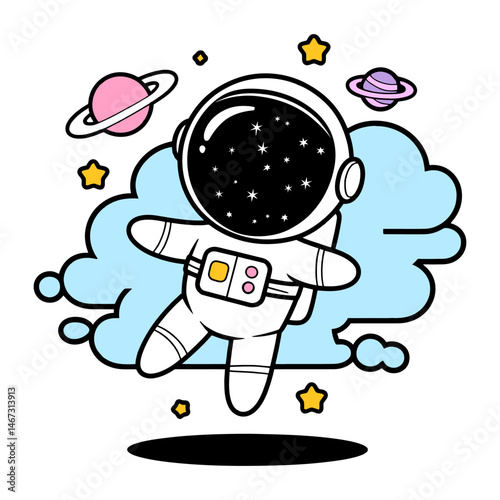 Cute Cartoon Astronaut Floating in Space with Planets and Stars