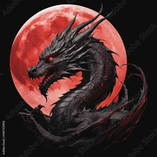Blood Moon Warm, A Gothic Portrait Dragon in Ink and Flame, T-shirt Vector Design on Dragon.