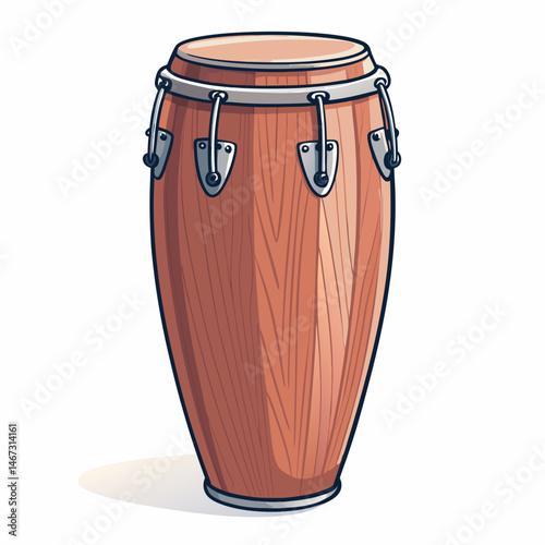 Create a vector illustration of a conga drum with bold black strokes and a clearly defined tuning mechanism.  Include realistic texture and shading.
