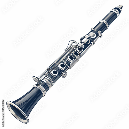 Create a bold, highly detailed vector illustration of a clarinet, emphasizing its intricate keywork and body.  Include strong black outlines.