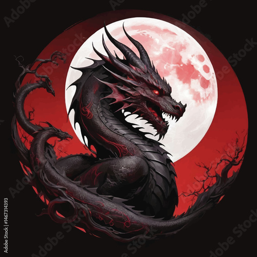 Blood Moon Warm, A Gothic Portrait Dragon in Ink and Flame, T-shirt Vector Design on Dragon.