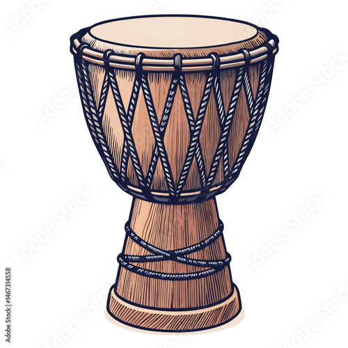 Create a bold, vector illustration of a Djembe drum with rope detailing.  Include realistic texture and strong outlines.