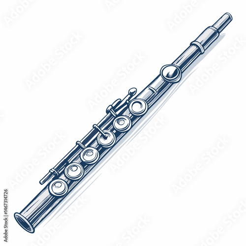 Create a bold vector illustration of a flute, emphasizing its thick outline and clearly defined tone holes.  Include detailed, realistic depiction of the instrument's keywork.