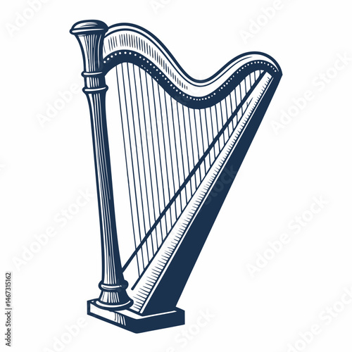 Create a bold, vector illustration of a harp with curved frame, emphasizing strong outlines and clean lines.  Include detailed string depiction.