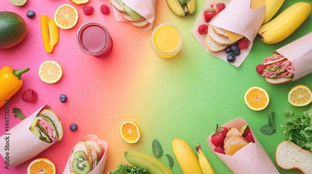 Fototapeta premium Colorful Summer Picnic: A vibrant spread of fresh fruit, sandwiches, and juices, perfect for a sunny outdoor meal.