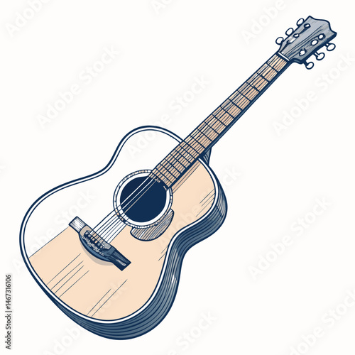 Create a vector illustration of a bold-stroke acoustic guitar, emphasizing strong lines and a simplified design.  Include fretboard detail.