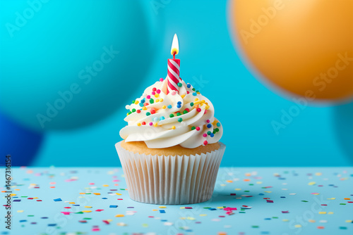 Colorful birthday cupcake with candle and festive decorations set against a bright blue background