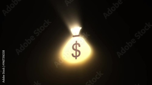 Animated glowing money bag with dollar sign on dark background, symbolizing wealth, finance, investment, and monetary success. 