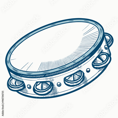 Create a bold vector illustration of a tambourine with a Jin (Korean mythical being) intricately depicted within its frame.  Focus on strong outlines and vibrant colors.