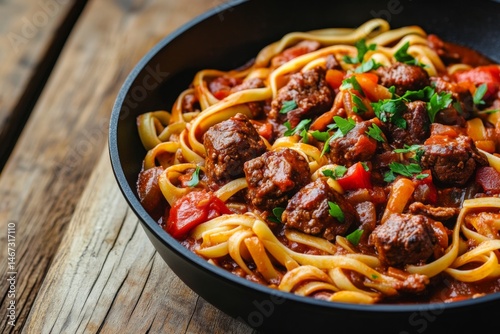 Delicious pasta dish with beef in a pan on a wooden table photo