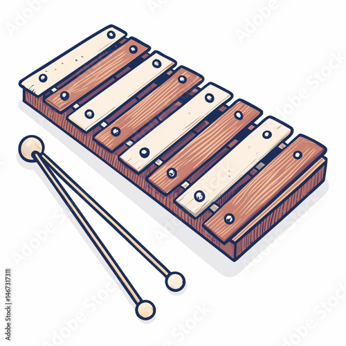 Create a bold vector illustration of a xylophone with a shopping mall in the background.  Focus on strong lines and vibrant colors.