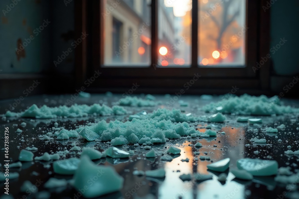 Obraz premium Close-up of a shattered window, shards of glass scattered on the ground, signifying the aftermath of a violent crime , consequence, fear