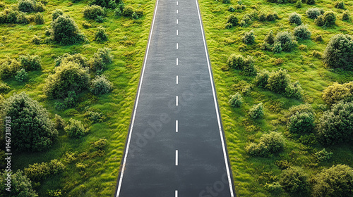 Empty road cutting through lush green meadow with scattered bushes and trees.