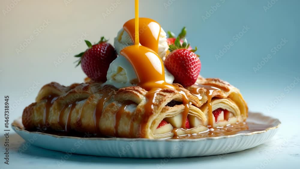 A portion of apple strudel with vanilla ice cream and strawberries presented on a plate