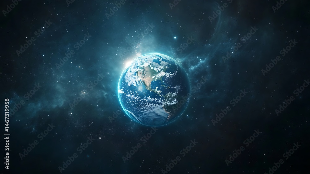 Fototapeta premium Earth in space, surrounded by nebulae and stars, with a glowing, detailed view of continents..