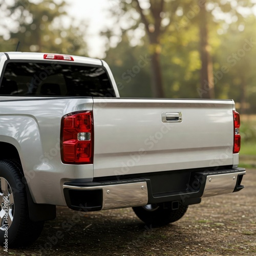 Silver pickup truck rear tailgate close-up in outdoor park setting