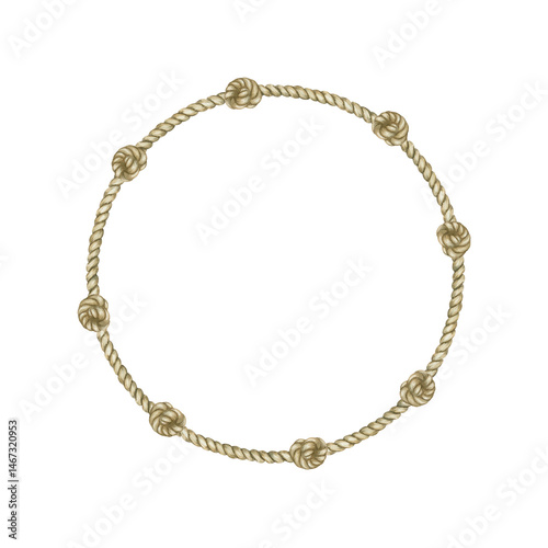 Round rope frame with knots in beige color. Painted with watercolor for a nautical design.