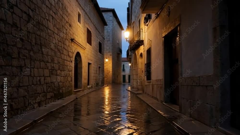 The ancient stone street in Croatia is wet at night