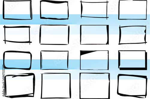 Outline frame in hand drawn style. Grunge empty frames set in sketch. Easy to reuse for poster or banner. Graphic help for web interface designing. Editable vector, EPS 10.