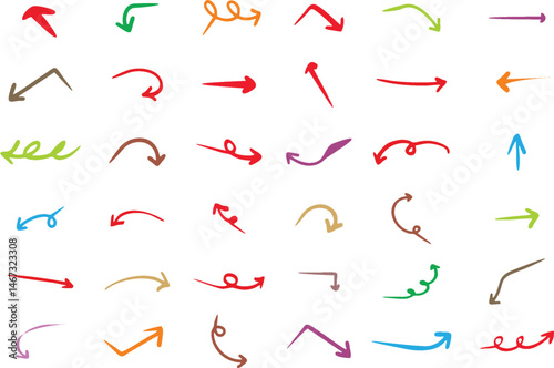 Hand drawn doodle wavy and curve and turn Arrows isolated on white background. Scribble design element Arrows, perfect for creative and playful design projects. Fabric design editable vector, EPS 10.