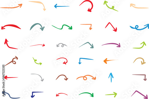 Hand drawn doodle wavy and curve and turn Arrows isolated on white background. Scribble design element Arrows, perfect for creative and playful design projects. Fabric design editable vector, EPS 10.