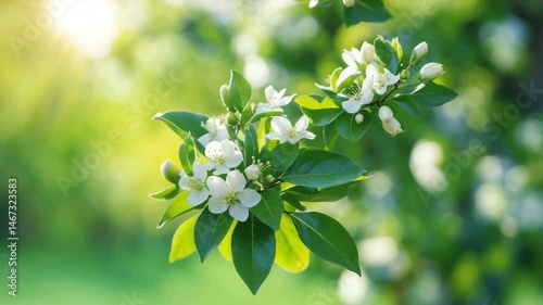 Citrus white blossoms placed in a corner against a blurred background. Floral display.