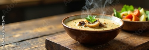Steaming bowl of creamy mushroom soup on a wooden table , cream, rustic