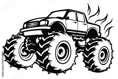 Dynamic monster truck illustration in vibrant colors with splashes, perfect for automotive art, posters, and action-packed designs Toy.