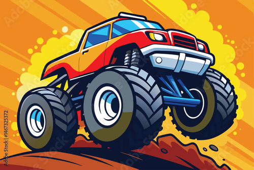 Dynamic monster truck illustration in vibrant colors with splashes, perfect for automotive art, posters, and action-packed designs Toy.