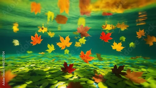 Duckweed in a pond surrounded by leaves
