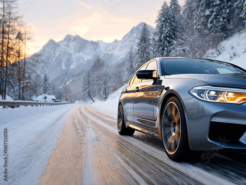 Sleek silver sedan driving on a snow-covered mountain road at sunset, with snow-capped peaks in the background