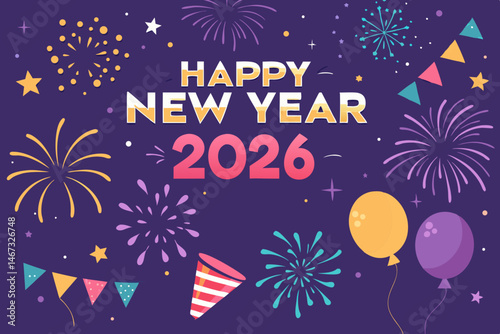 Vibrant fireworks exploding against a night sky, alongside celebratory confetti, balloons, and streamers in bold, saturated colors.  Create a dynamic and festive composition.