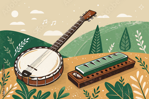 Create a vibrant illustration depicting a folk music theme featuring a banjo and harmonica, rendered in bold, impactful styles.  Include rich textures and a rustic feel.
