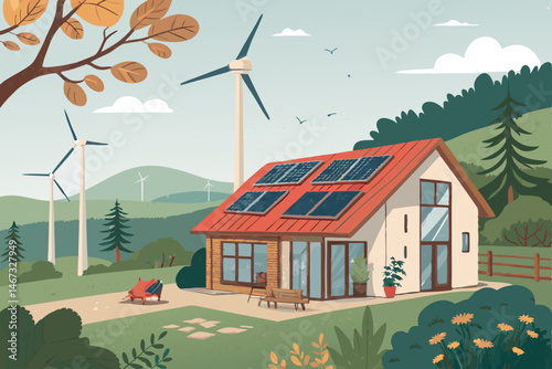 Create a vibrant illustration of a sustainable, off-grid eco-home powered by renewable energy sources, showcasing solar panels, wind turbines, and a lush green landscape.