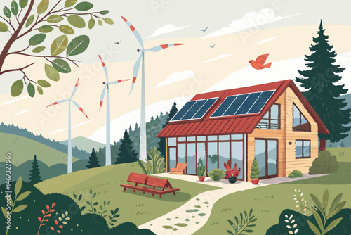 Create a vibrant illustration of a sustainable, off-grid eco-home powered by renewable energy, showcasing solar panels, wind turbines, and a lush, green landscape.