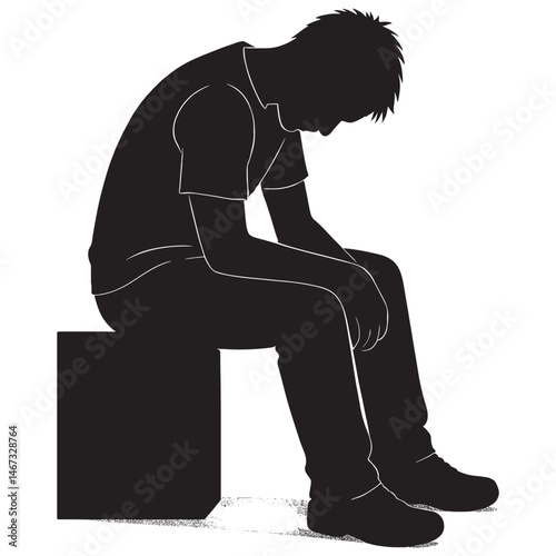 Silhouette of sad man sitting on box concept for depression mental health and emotional stress illustration