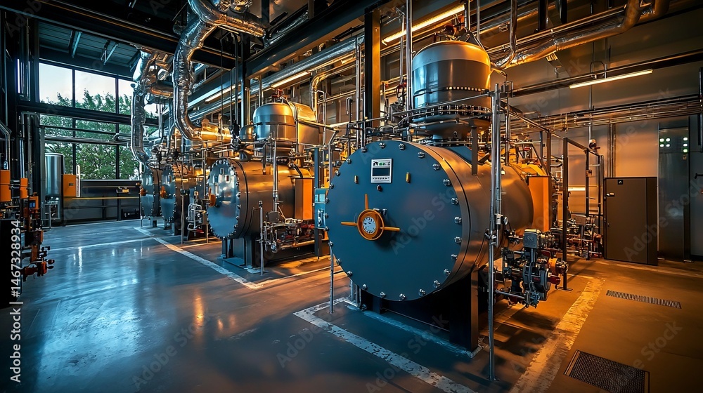 Fototapeta premium Industrial Boiler Room with Pipes and Equipment in Modern Facility