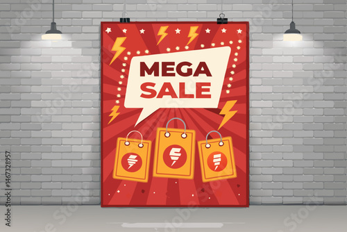 Design a vibrant mega sale poster vector featuring bold, colorful price tags, showcasing discounts and promotional offers. Include impactful typography.