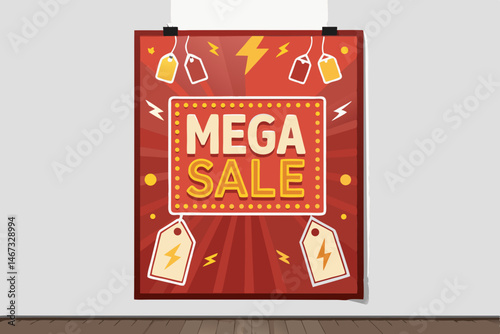 Design a vibrant mega sale poster vector featuring bold, colorful price tags and dynamic typography.  Include discount percentages and call to action.