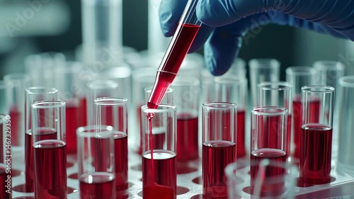 Gloved hand using pipette in laboratory with test tubes filled with red liquid for diabetes research concept