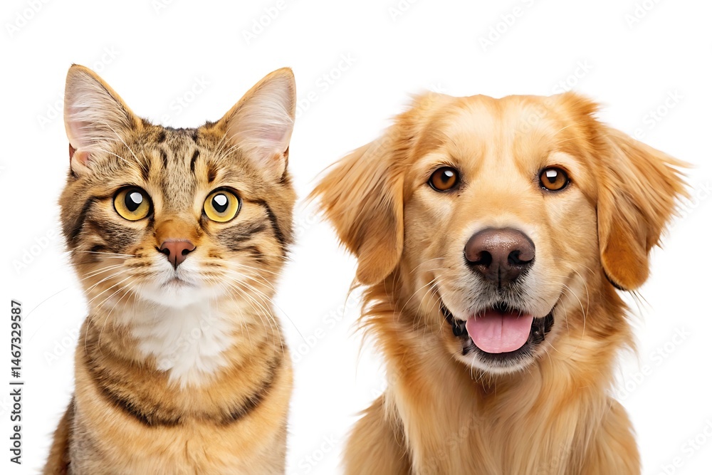 Fototapeta premium Adorable cat and golden retriever dog companions looking directly at the viewer on white background